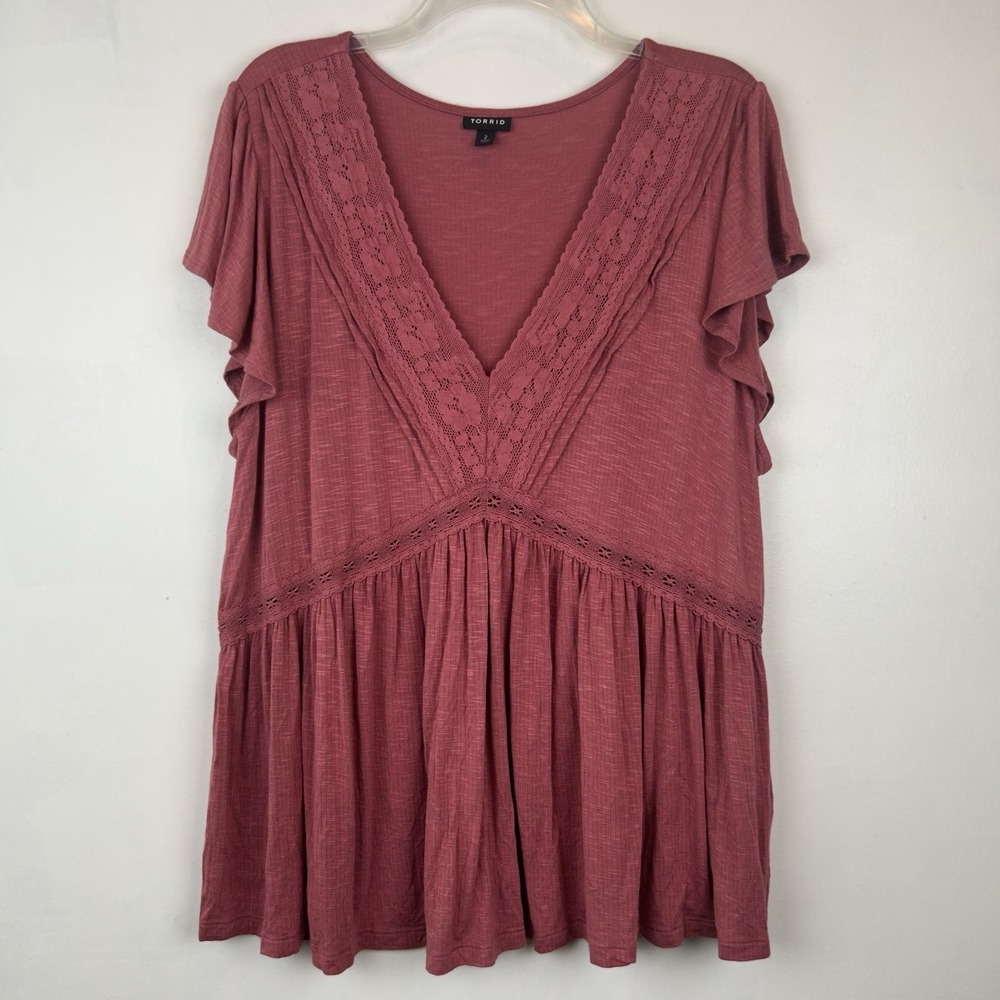Torrid Babydoll Top Womens 18 Pink Lace Tunic Slub Peasant Flowy Hippie Boho